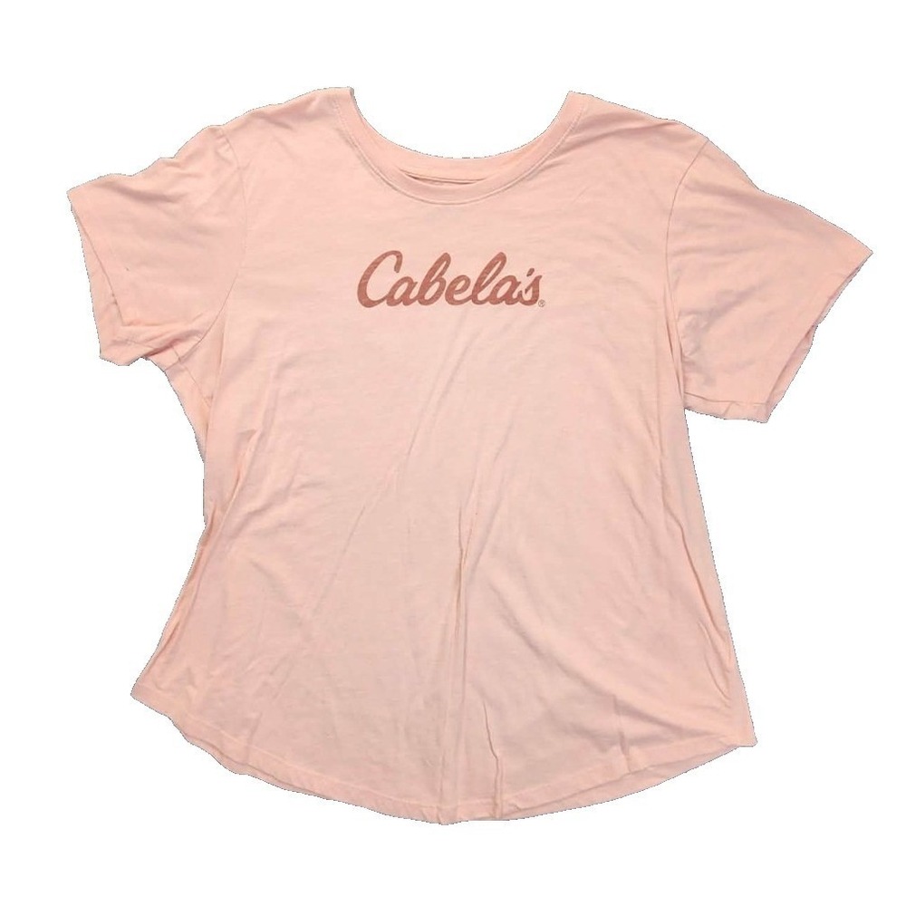 Cabelas Womens Peach Pink‎ Graphic Script Logo Short Sleeve T-Shirt Size Large